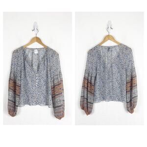 Misa Los Angeles Blue Floral Balloon Sleeve Blouse Size XS Boho Tribal